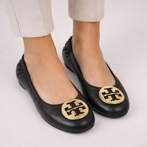 Tory Burch Reva Sz 7 Black Leather Ballet Flats Gold Logo Embellishment